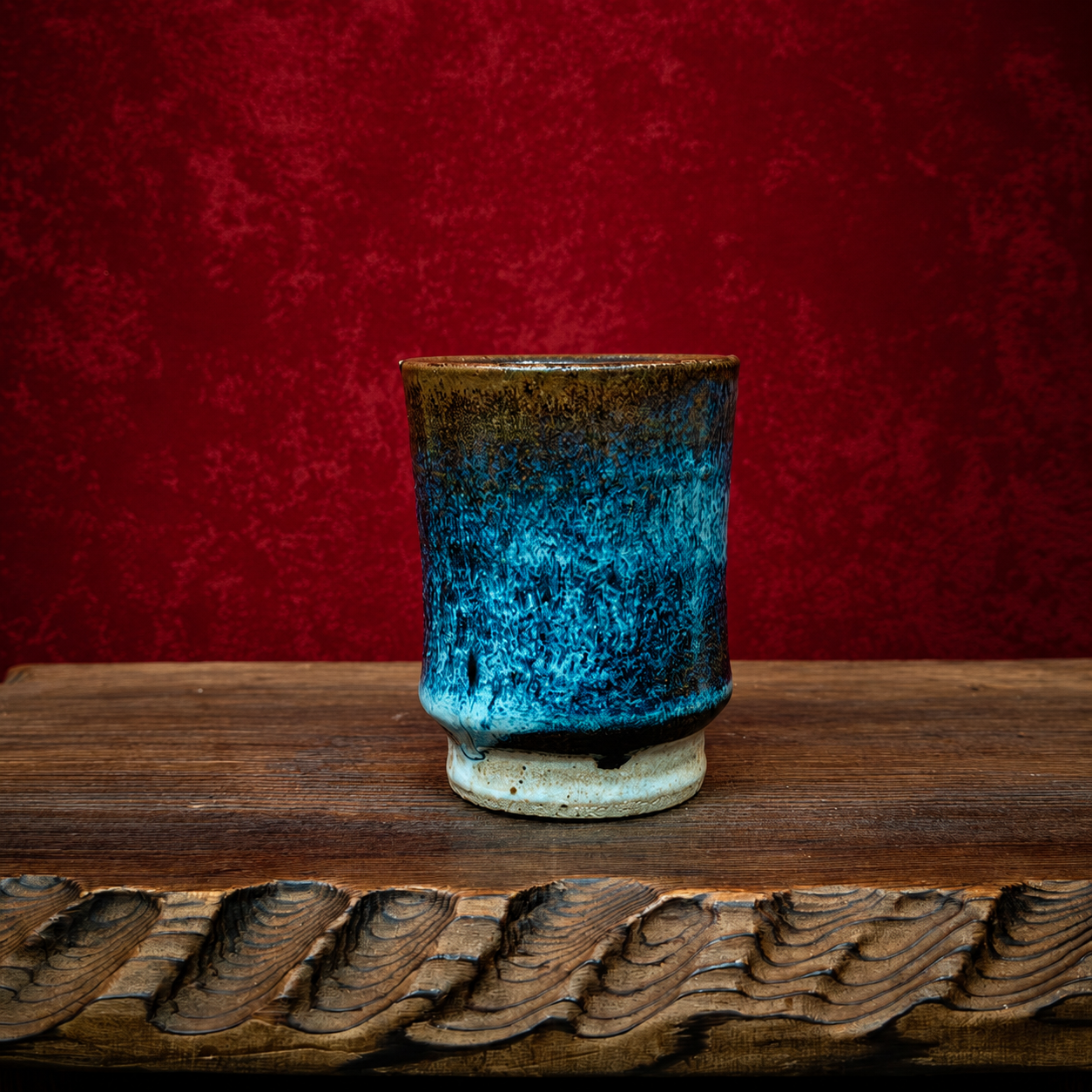 Vintage Japanese Studio Pottery Yunomi Tea Cup – Hand Thrown Blue Stoneware, Signed Artisan Ceramic