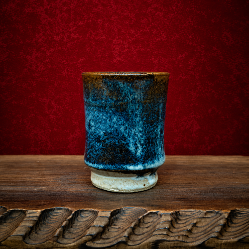 Vintage Japanese Studio Pottery Yunomi Tea Cup – Hand Thrown Blue Stoneware, Signed Artisan Ceramic