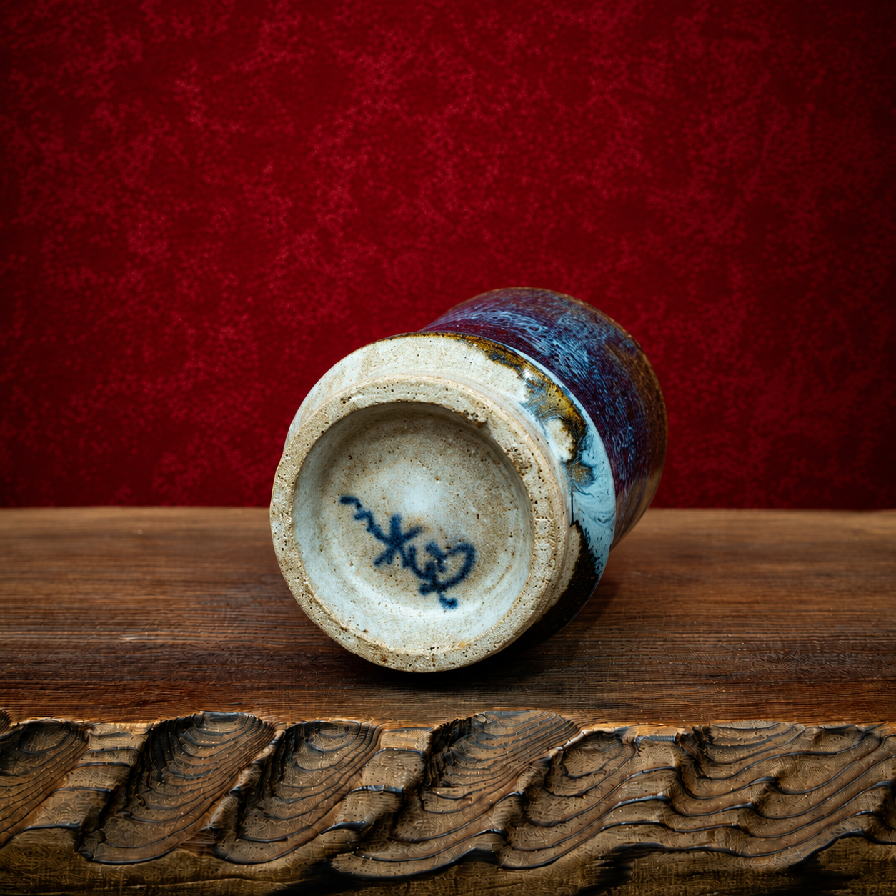 Vintage Japanese Studio Pottery Yunomi Tea Cup – Hand Thrown Blue Stoneware, Signed Artisan Ceramic