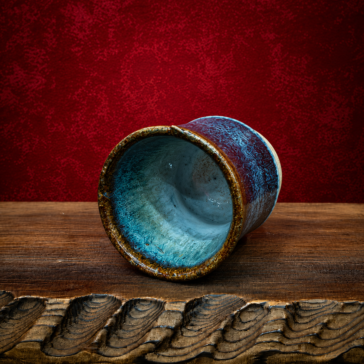 Vintage Japanese Studio Pottery Yunomi Tea Cup – Hand Thrown Blue Stoneware, Signed Artisan Ceramic