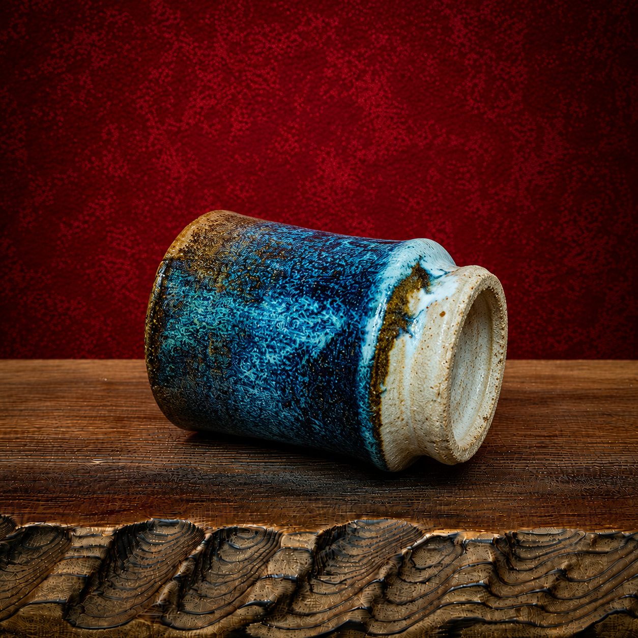 Vintage Japanese Studio Pottery Yunomi Tea Cup – Hand Thrown Blue Stoneware, Signed Artisan Ceramic
