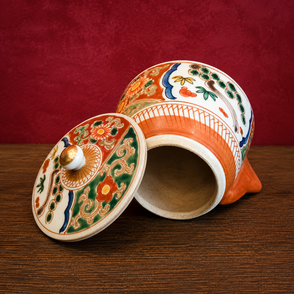 Vintage Japanese Imari Style Covered Katakuchi – Hand-Painted Tea Pouring Vessel